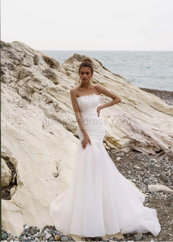 Strapless White Pleated Organza Dreamy Wedding Dress